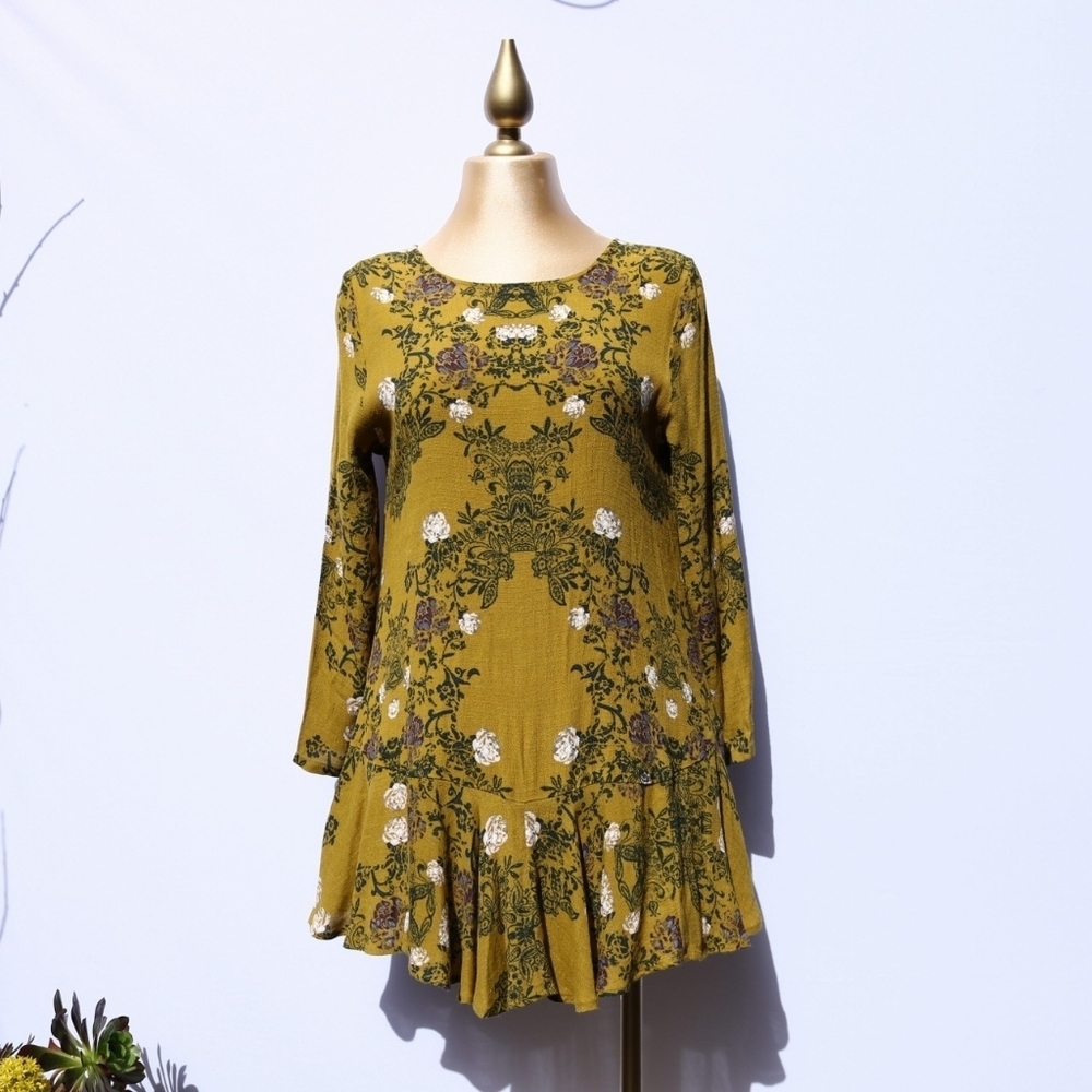 Free People Smooth Talker Tunic Boho mini dress in Mustard, Flowy, Small
